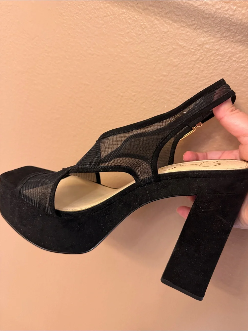 Jessica Simpson Black Mesh Slingback Block Heels with Gold Buckle